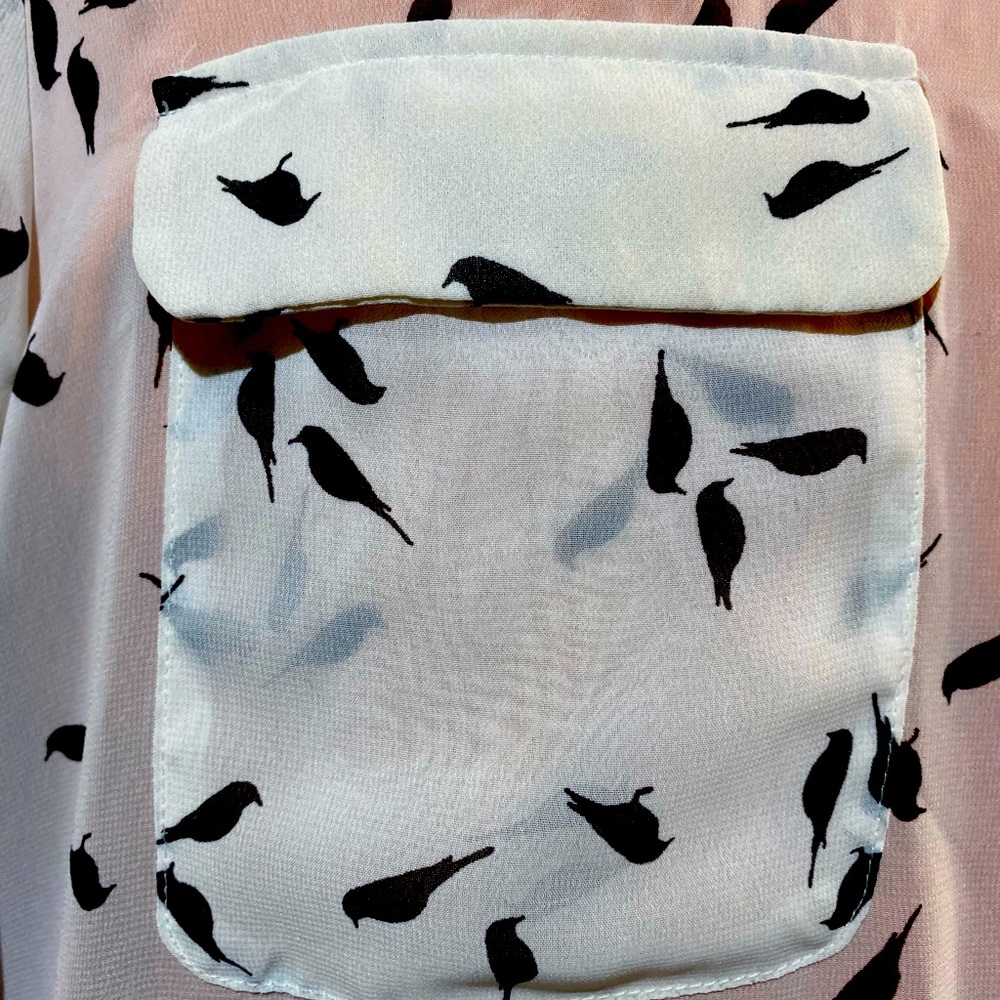 Old navy-xl women’s sheer white blouse with black crows. Gently used. Non smoker